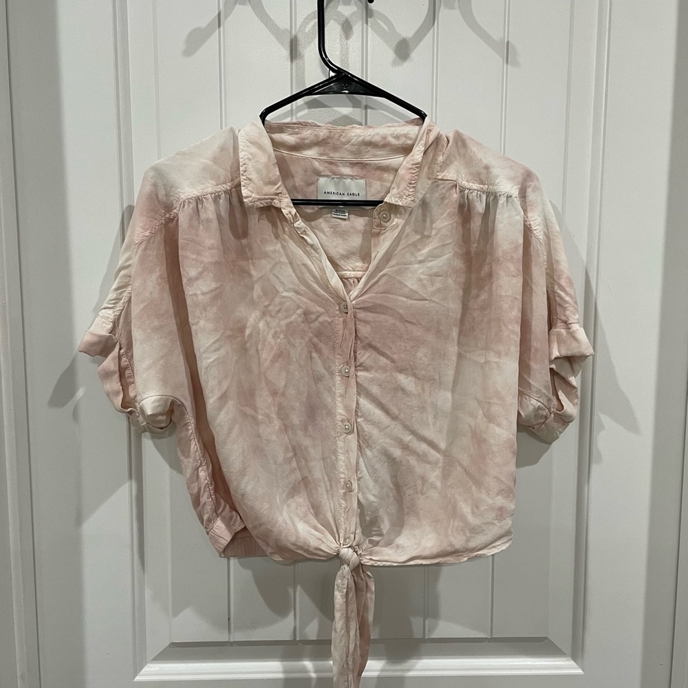 American Eagle cropped button up tie dye pink white womens top size small